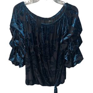 MSK Puff Sleeve Top Womens XL Burnout Off Shoulder Tie Waist Dark Romantic New